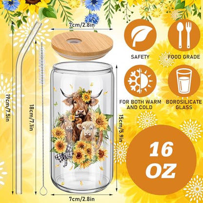 Teenyyou 12 Set of Highland Cow Glasses with Bamboo Lid and Glass Straw 16 oz Summer Drinking Cup Beer Iced Coffee Cup Tumbler Mugs for Teacher's Day Gift Holiday Party Office - style: Highland Cow