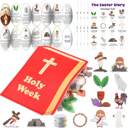 Easter Scavenger Hunt Game with 60 Felts Figures 15 Easter Story Cards 15 Scavenger Hunt Cards Religious Christian Bible Game for Sunday School Classroom Activities Basket Stuffers