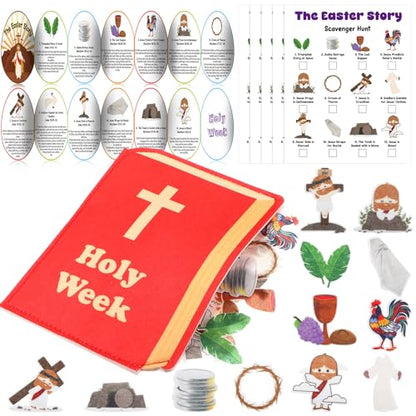 Easter Scavenger Hunt Game with 60 Felts Figures 15 Easter Story Cards 15 Scavenger Hunt Cards Religious Christian Bible Game for Sunday School Classroom Activities Basket Stuffers