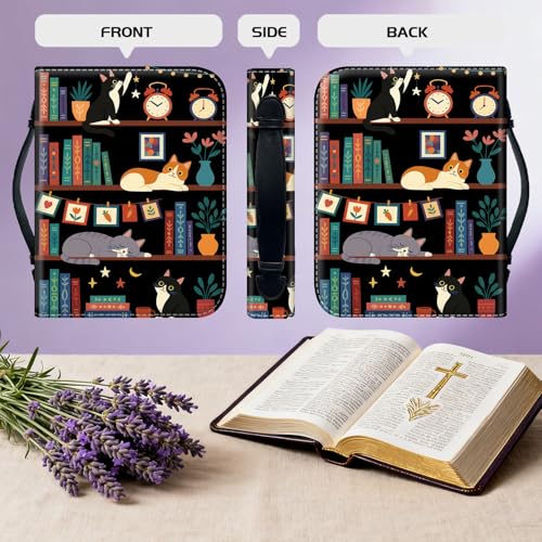 Bible Cover for Women Large PU Leather Zippered Bible Case with Handle and Cat Bookshelf Design, Christian Bible Bag for Girls & Women, Cover Fits Standard 9.5"x7.5"x2.3" Bible - color: Cat Bookshelf