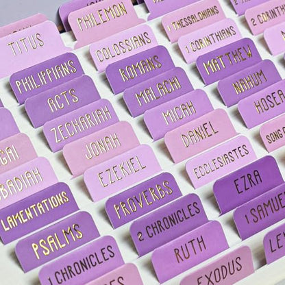 Laminated Bible Tabs for Women and Men, Gold Foil Embossed Lettering - style: Gentle Purple