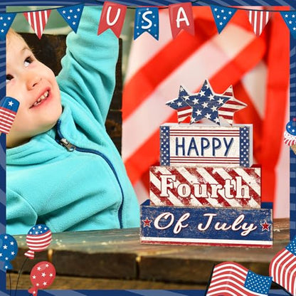 Britimes Tiered Tray Decor Set, 4 Pack, Wooden, Patriotic Independence - style: Happy 4th of July