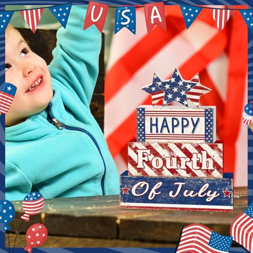 Britimes Tiered Tray Decor Set, 4 Pack, Wooden, Patriotic Independence - style: Happy 4th of July