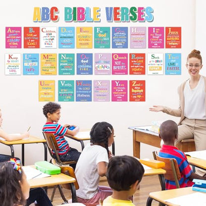 29Pcs ABC Bible Verse Poster Christian Scripture Bulletin Board Sunday School Classroom Decorations Religious Inspirational Quotes Poster for Back to School Church VBS Classroom Home Wall Decor