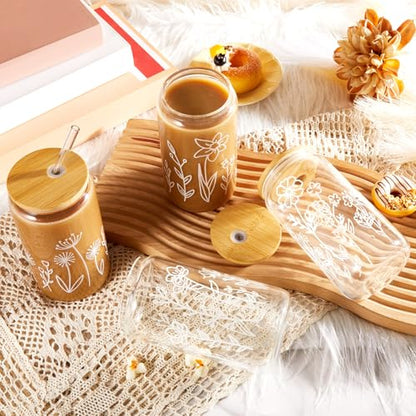 Mumufy 4 Pack Boho Floral Glass Cup, 16 oz Tumbler Mug with Bamboo Lid - style: Boho Floral