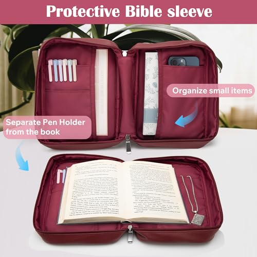 Small Bible Cover Case for Women and Men, 9x6 PU Leather Bible Sleeve, Compact Travel Bible Carrier Bag with Front Pen Holders, Zipper Closure, Inner Pockets - Burgundy Red - color: Burgundy Red, size: 9''x6.5''