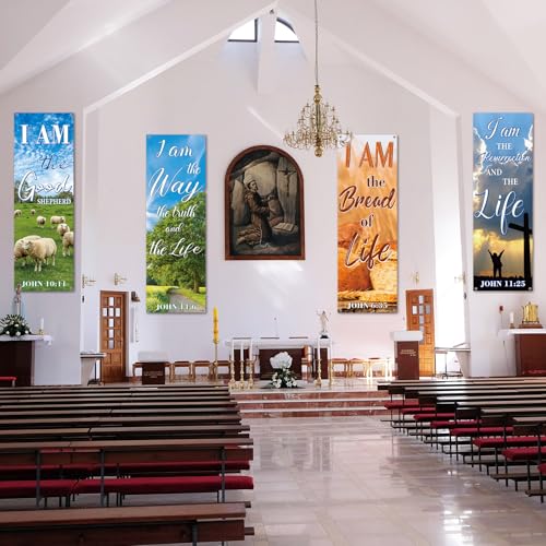chiazllta 4Pcs Church Banners for Sanctuary Wall Welcome Religious Hanging Backdrop Christian Bible Verse Banner Scenic Pattern Inspirational Christian Decor for Church Sunday School Decoration