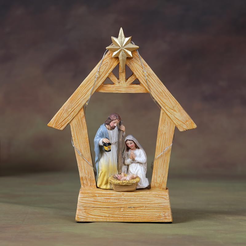 7.3'' Nativity Sets with Lights, Hand Painted Resin Holy Family Statues Manger Nativity Scene for Christmas Indoor Decorations(No Battery Included)