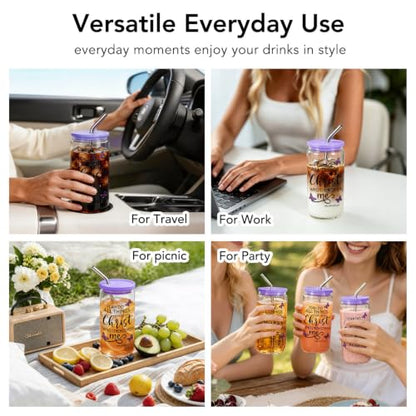 Christian Gifts for Women 16 oz Glass Cups with Lids and Straws, Purple Butterfly Cross Iced Coffee Tumbler for Home Office, Mothersday Baptism Birthday Religious Gifts for Church Friends