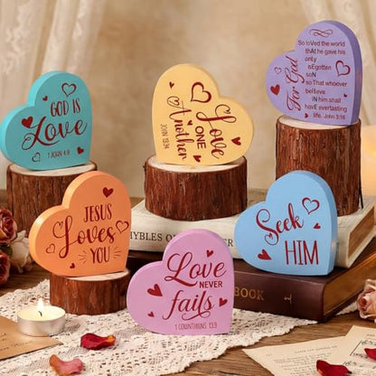 Funnymoom 6 Pcs Valentines Day Decorations Wooden Sign Christian Valentines Day Table Decorations Wood Heart Table Centerpiece Religious Bible Verses Tabletop Decor for Home Kitchen Office Desk Decor