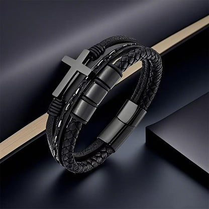 Multi-Layer Braided Leather Bracelets Mens Cross Leather Bracelet Wristband Religious Leather Bracelets Men Customized Gifts - color: black, size: 9