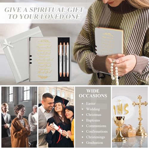 Spakon 5 Pcs Christian Gifts for Women Church Gifts Scripture Prayer Journal Religious for Women God Notebook Pen with Gift Box Scripture Notepad Bible Study Group Grad Favors - color: Grey, style: Happy Moment