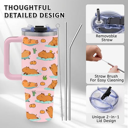 40 Oz Capybara Tumbler Gifts for Women, Capybara Water Bottle with Handle - color: Capybara-Pink