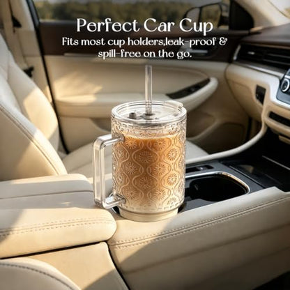 KEMORELA 24 Oz Ribbed Glass Tumblers with Lids and Straws, Tumbler Cup with Handle, Iced Coffee Glassware, Clear Reusable Drinkware for Smoothies and Beverages(1) - color: 24oz-Begonia