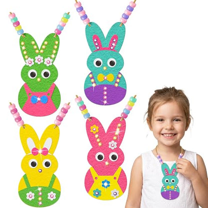 BeYumi Bunny Necklace Craft Kit - 24Pcs Bunny Peeps Felt Necklace Making Kits with Beads and Gem Sticker DIY Cute Rabbit Craft for Kids Sunday School Home Classroom Gift Party Favor Fun Activities - style: Bunny