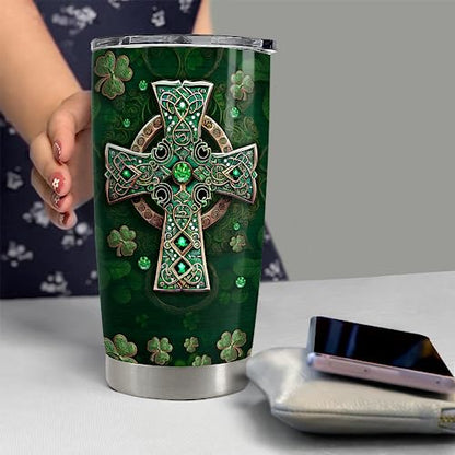 SANDJEST Irish Tumbler 20oz Irish Facts Celtic Cross Stainless Steel Tumbler with Lid Gift for Women Birthday Christmas - color: Irish