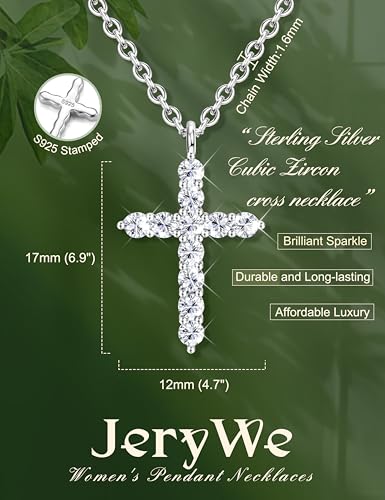 JeryWe 925 Sterling Silver Cross Necklace for Women Dainty Gold/White Gold Plated Necklace for Women Non Tarnish Cubic Zircon Cross Pendant Necklaces Christian Baptism Religious Faith Jewelry Gift - color: White Gold Plated
