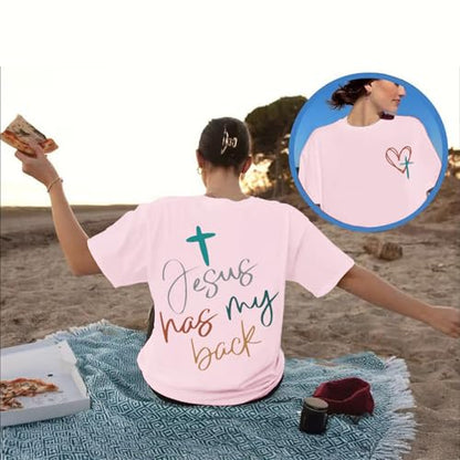 Tuislay Christian Shirts for Women Jesus Has My Back Tshirt God Bible Verse Shirt Faith Cross T Shirts Inspirational Tees Top - color: Pink, size: X-Large