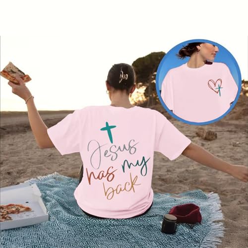 Tuislay Christian Shirts for Women Jesus Has My Back Tshirt God Bible Verse Shirt Faith Cross T Shirts Inspirational Tees Top - color: Pink, size: Large