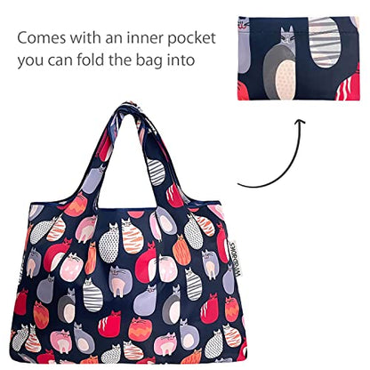 allydrew Large Foldable Tote Nylon Reusable Grocery Bags - color: Set of 2, Stylish Kitties, size: Large & Small (Set of 2)