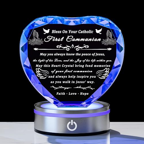 Qianwei First Communion Gifts for Boys Girls, 3D Engraving Crystal Praying Boy John Figurine Jesus First Communion Veil Decoration, Baptism Gifts for Boy Girls Catholic - color: Communion-jesus-heart