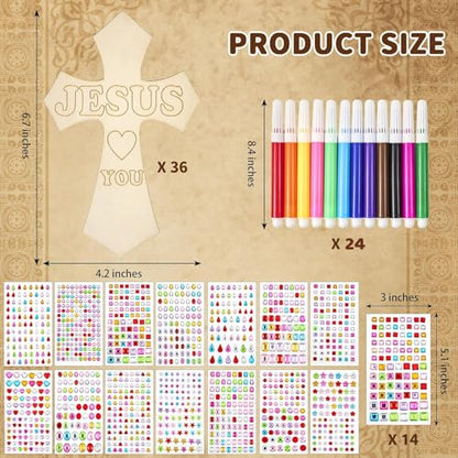 PLUVAVA 36 Sets Wood Cross Crafts DIY Wooden Cross for Christian Jesus Sunday School Vacation Bible School Crafts Supplies with 14 Pieces Stickers and 24 Pieces Watercolor Pens (Exquisite Style) - size: ExquisiteStyle