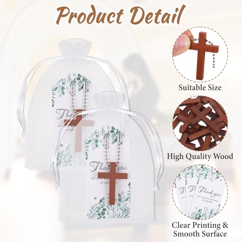 100 Sets Funeral Favors, Wooden Cross Keychain with Thank You Cards & Organza Bags – Memorial Guest Sympathy Gifts, Celebration of Life Keepsakes for Adults - style: Card 2