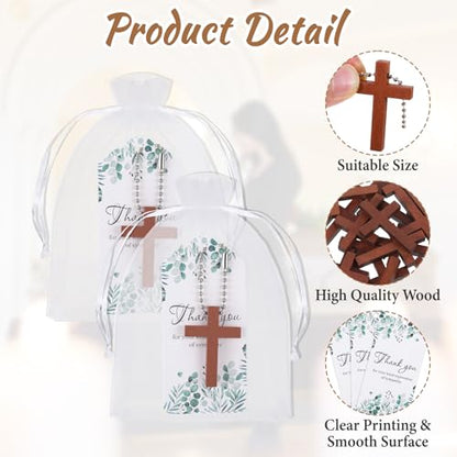 100 Sets Funeral Favors, Wooden Cross Keychain with Thank You Cards & Organza Bags – Memorial Guest Sympathy Gifts, Celebration of Life Keepsakes for Adults - style: Card 2