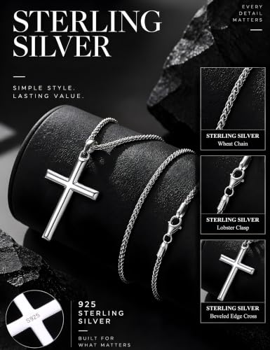 MILACOLATO Solid 925 Sterling Silver Cross Necklace for Men Women 16-24 in - color: Sterling Silver Wheat Chain, size: 16 in=41 cm