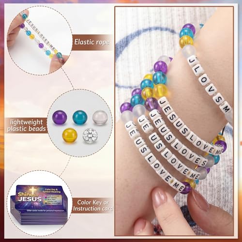 Unittype 24 Sets 2026 VBS DIY Crafts Illumination Bracelet Making Kit 2026 Illumination DIY Jesus Loves Me Bead Wristband Craft Kit with Bible Lesson Cards for Sunday School Classroom Party Gifts