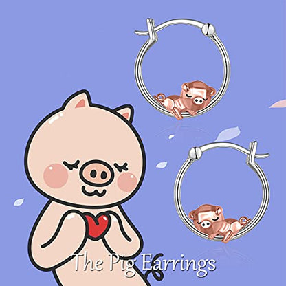 Fox/Pig/Mushroom/Cat Earrings Sterling Silver Cute Hoop Earrings Animal Jewelry Gifts for Women Daughter - style: pig