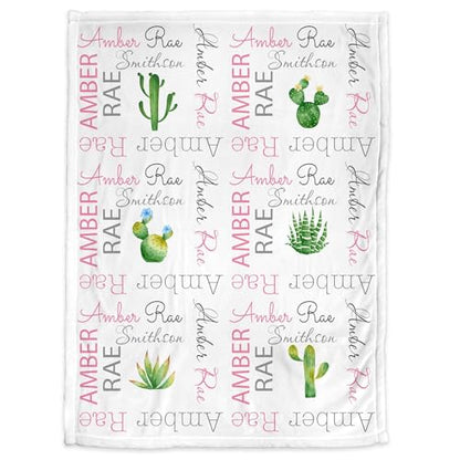 Personalized Blanket for Kids & Adults, Pink Cactus Baby Girl Name Blanket, Custom Desert Newborn Swaddle, Personalized Flannel Blankets Gift, Baptism, Monogram Fleece 30"X40" - color: Cactus Pink Desert