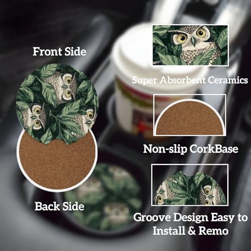 Ceramic Car Cup Coasters 2PCS - Green Leaf Owl - color: Green Leaf Owl