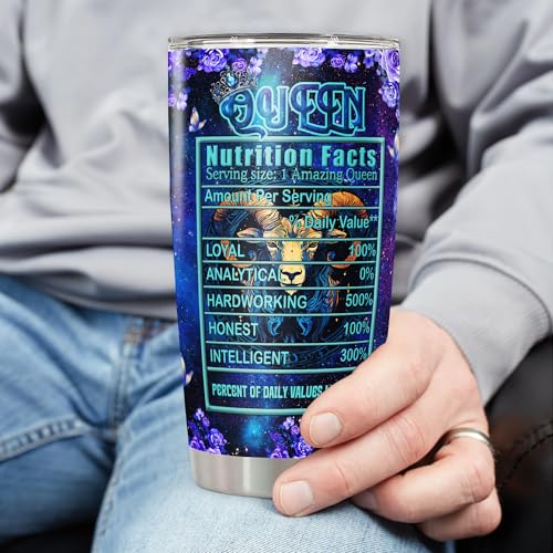 Personalized Queen Tumbler Custom Zodiac Insulated Cup Purple Galaxy Butterfly Flower Travel Mug with Lid Stainless Steel 20 30 Oz Astrological Sign Aries Gemini Cancer Leo Virgo Libra Taurus Scorpio - color: Zodiac
