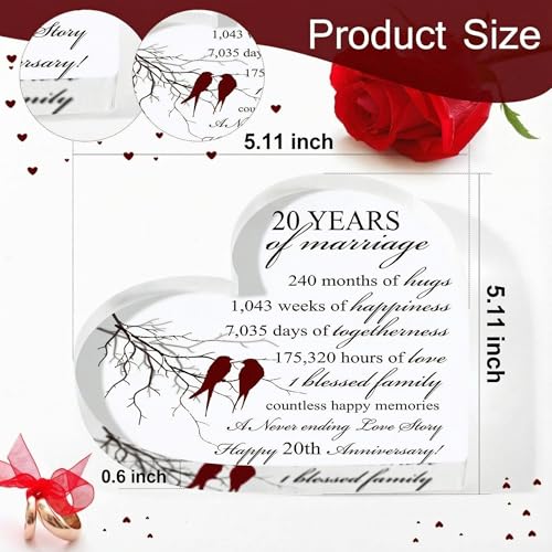 Qunclay 20th Marriage Gift for Parents Couple 20 Years Wedding Anniversary Souvenir Heart Marriage Keepsake Wedding Anniversarys Decorations for Women Men Mom Husband Wife He She Friend Grandparents - style: 20th