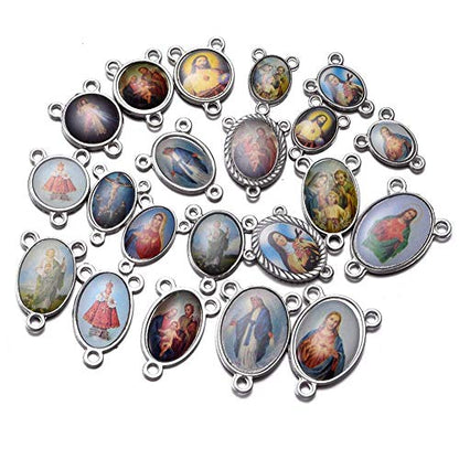 80pcs/40sets Rosary Cross and Center Miraculous Medal Charms Silver Picture Jesus Enamel Maria Our Lady Alloy Crucifix Pendants for DIY Necklace Bracelet Jewelry Making (A544)