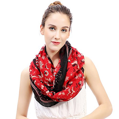 Lina & Lily Holiday Christmas Pattern Print Women's Infinity Scarf Lightweight - color: Red, Christmas