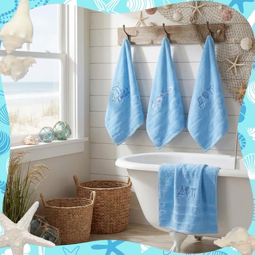SmoothNovelty 3 Pcs Beach Coastal Hand Towels Cotton Ocean Starfish Shell - color: Beach, size: 13.3 x 29.5 inches