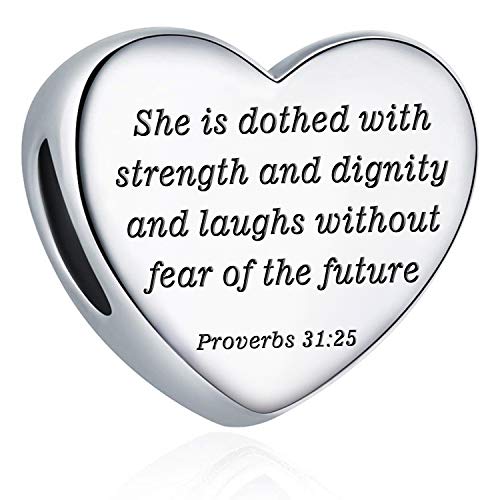 Heart Charm Fit Pandora Charms Bracelet Christian Bible Verse Charm Prayer Faith Religious Charms Gifts for Women - style: She is dothed with strength and dignity and laughs without fear of the future Proverbs 31:25