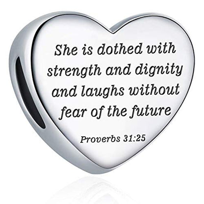 Heart Charm Fit Pandora Charms Bracelet Christian Bible Verse Charm Prayer Faith Religious Charms Gifts for Women - style: She is dothed with strength and dignity and laughs without fear of the future Proverbs 31:25