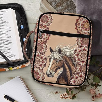 Suobstales Boho Mandala Horse Print Bible Cover Carrying Book Case for Women Men Lightweight Bible Bag Bible Protective with Handle and Zippered Pocket - color: Boho Mandala Horse