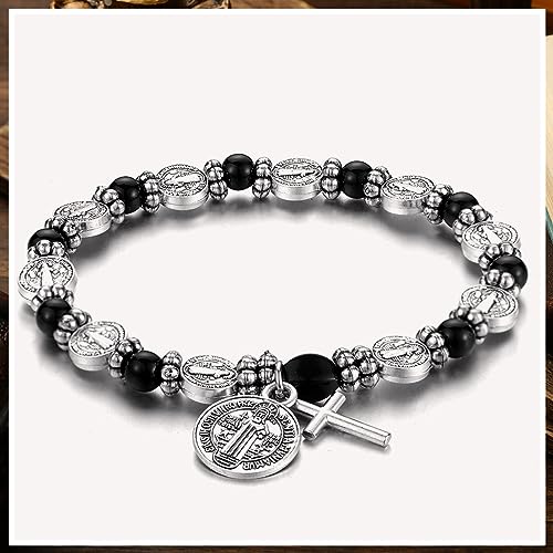 Crowye 12 Pcs St Benedict Bracelets Bulk Silver Color Rosary Bracelet Catholic Saint Medal Gifts Adjustable Religious Gifts for Men Women Birthday Holiday Christmas Stocking Stuffers