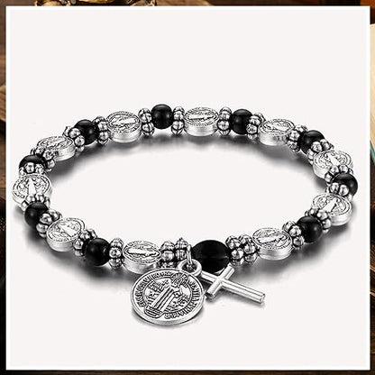 Crowye 12 Pcs St Benedict Bracelets Bulk Silver Color Rosary Bracelet Catholic Saint Medal Gifts Adjustable Religious Gifts for Men Women Birthday Holiday Christmas Stocking Stuffers