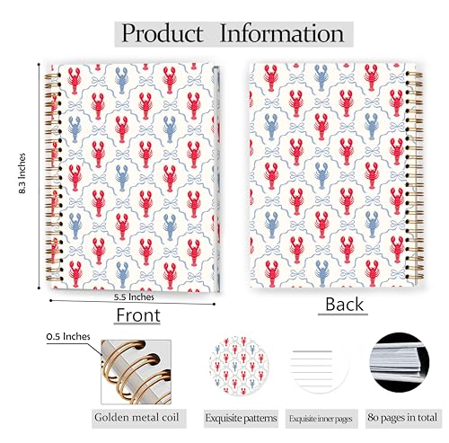 Coquette Bow Lobster Notebook, Lobster Lover Gifts, Nautical Beach Preppy Aesthetic Journal for Women, Grandmillenial Ocean Crayfish Spiral Notebook Journal 5.5x8.3 - color: Color 12