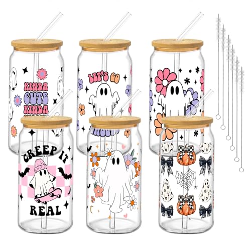Halloween Glass Cups with Lids and Straws, 6Pack, 16oz, Ghost Pink - style: Floral Halloween