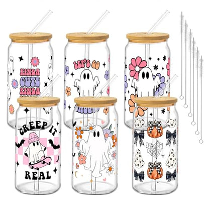 Halloween Glass Cups with Lids and Straws, 6Pack, 16oz, Ghost Pink - style: Floral Halloween