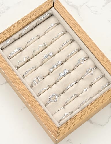 Gold Stackable Rings Set for Women, Gold Plated Chunky Crystal Finger Rings - color: Silver Thin Rings