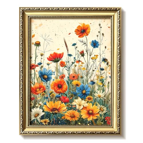Vintage Gold Framed Floral Canvas Wall Art, Colorful Botanical Floral Wall Decor Oil Painting, Rustic Farmhouse Cottagecore Decor Art Print Picture Poster for Living Room Bedroom Home 12x16 Inch - color: A-Flowers, size: 16"L x 12"W