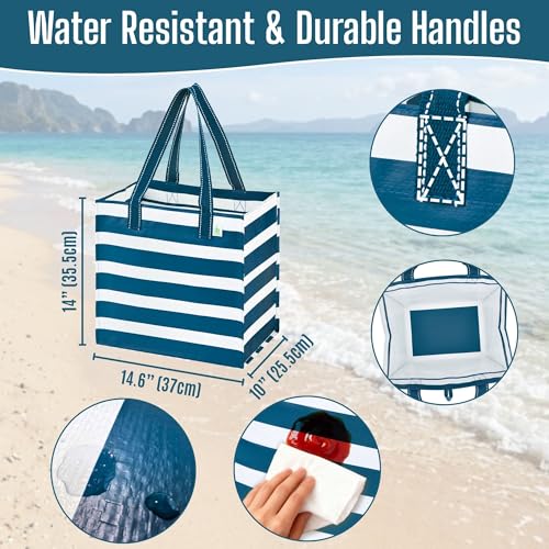 VENO 4 Pack Large Grocery Bag Reusable Shopping Bags with Hard Bottom - color: Classic Navy Stripe