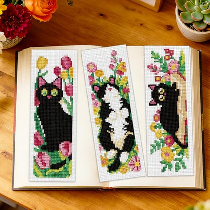 ORIGACH 6 Set Cat and Flower Cross Stitch Bookmark Kit for Beginner - style: Cat and Flower
